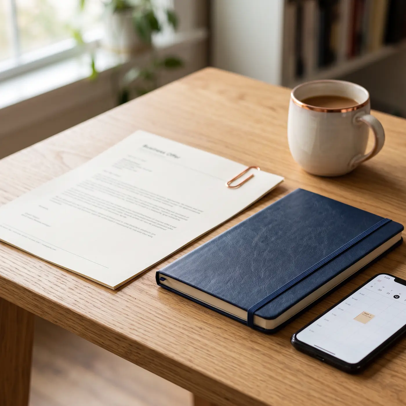 Aufgeräumter Schreibtisch mit ausgedrucktem Angebot, Notizbuch und Smartphone mit Kalender