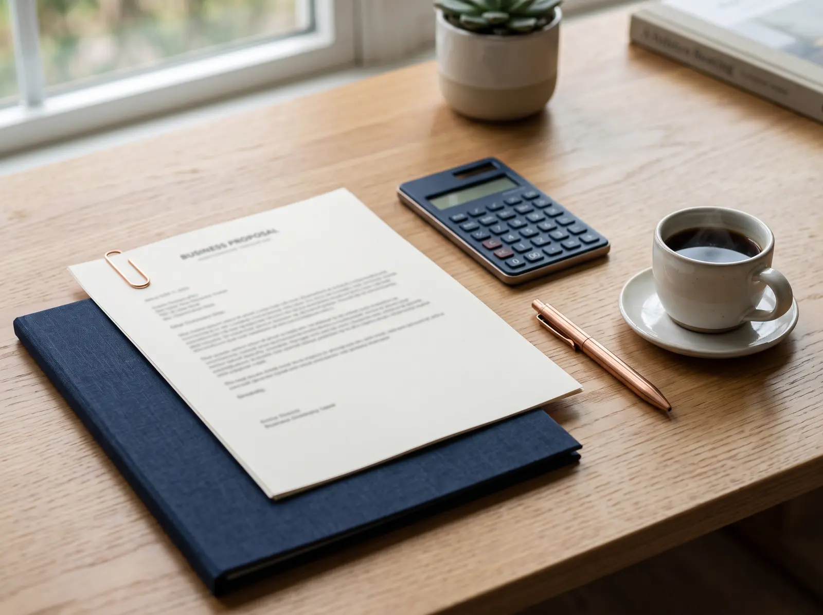 Ausgedrucktes Angebot mit Taschenrechner, Kupferstift und Kaffee auf einem Schreibtisch
